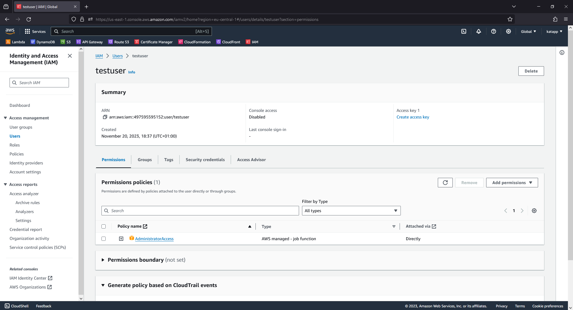 AWS IAM Create access key - Permissions 1